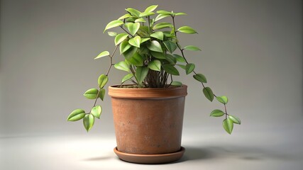 A potted plant with green leaves in a terracotta pot, on a white surface - A potted plant with green leaves in a terracotta pot, on a white surface. The plant is in focus