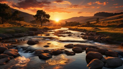 A river with a mountain landscape in the background The warm sunset reflecting off the water