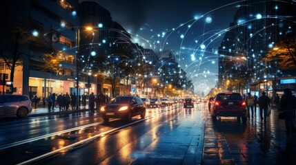 Fototapeta premium Wireless network technologies depicted against the backdrop of a contemporary city skyline at night