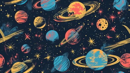 Vivid and captivating pattern featuring planets and stars from outer space, creating a groovy and surreal atmosphere. Perfect for fabrics, wrapping paper, or notebook covers.