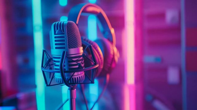 Vibrant studio setup with microphone, headphones, and monitor