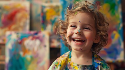 A child wearing an artist's smock, grinning widely, in an art studio with canvases. 