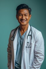 A smiling Asian doctor wearing a white coat and stethoscope, against a teal background