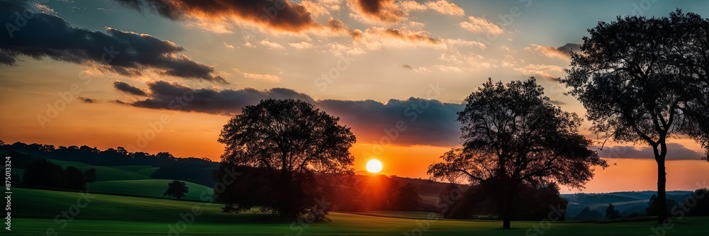 Aufkleber a sunset over a field with two trees in the foreground