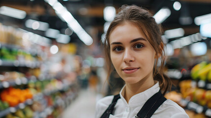Smiling girl consultant in a supermarket in mall