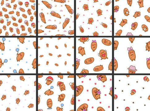 Funny bread characters. Seamless pattern. Cute tasty bakery pastries, cartoon happy bagets faces. Hand drawn style. Vector drawing. Collection of design ornaments.