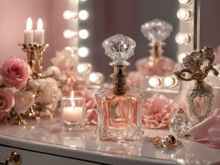 A beautifully designed perfume bottle on a vanity table with a mirror, jewelry, and soft lighting creating a romantic atmosphere.
