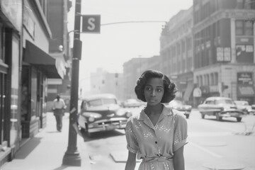 Vintage 1950s street scene with African American woman in midcentury fashion on city sidewalk. History, urban culture, classic fashion, nostalgic moment, mid20thcentury lifestyle.