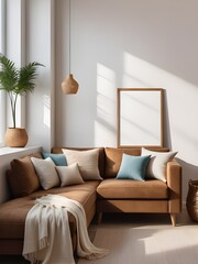 Mockup poster frame leaning against the wall in Scandinavian living room, interior mockup design, frame mockup