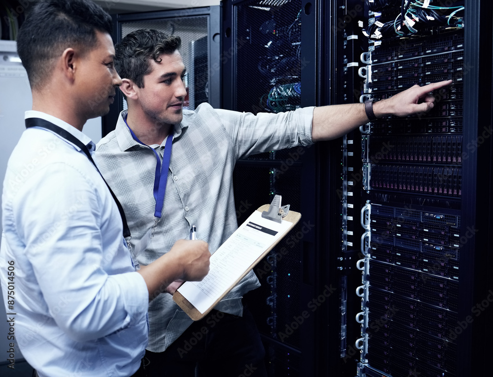 Poster Computer center, men and data engineer with checklist, hardware and connection as programmer in it. Male people, inspection and technician for security, system update or maintenance in server room