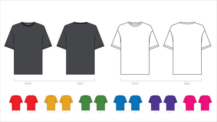 T-shirt vector template set mock up isolated on white background. flat technical drawing template. Unisex T-Shirt illustration, colorful front and back view, white. T-shirt Mock up Front and back.
