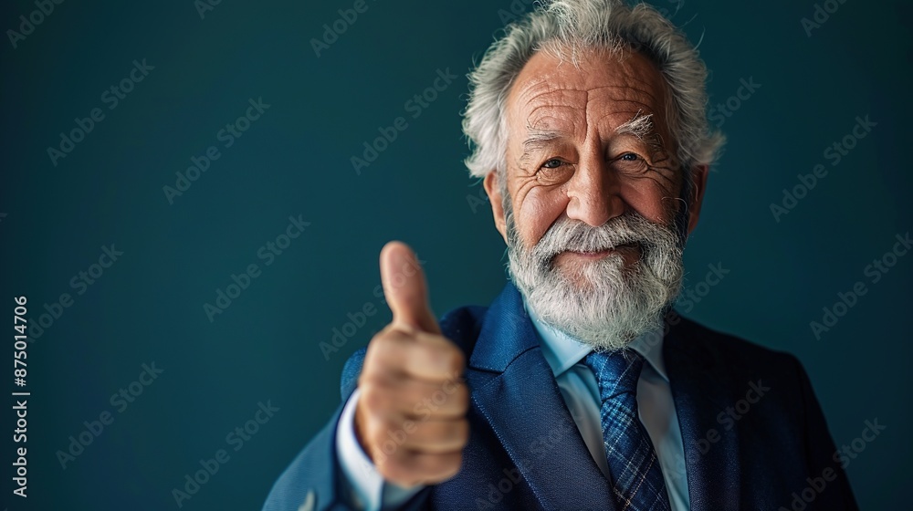 Canvas Prints a successful and elegant elder wearing an classy suit, thumb up on an empty dark blue green backgrou