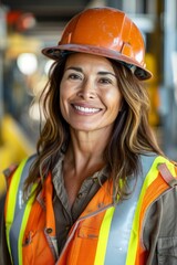 Portrait of a smiling woman wearing a hard hat and safety vest on a construction site