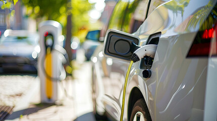 The process of charging an electric car close-up
