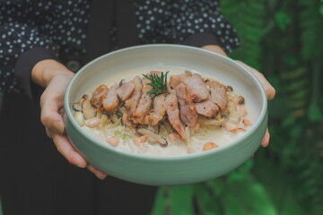 Hand Holding a Plate of Delicious Noodles with Greenery Background