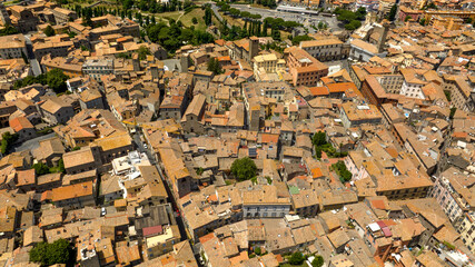 Aerial view of the Civic Tower in Piazza Plebiscito in Viterbo, Lazio, Italy. It is one of the symbols of the historic center of the city.
