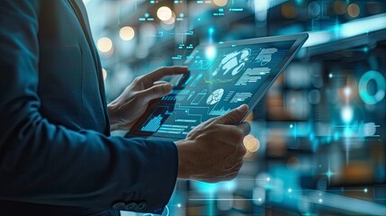 Close-up of a logistics manager using a digital tablet to monitor inventory levels and track shipments in real-time. The modern technology enhances productivity and reduces errors.