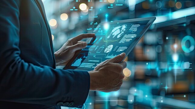 Close-up of a logistics manager using a digital tablet to monitor inventory levels and track shipments in real-time. The modern technology enhances productivity and reduces errors.