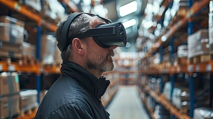 A logistics manager using a virtual reality headset to visualize and plan warehouse layouts. The advanced technology improves space utilization and workflow.