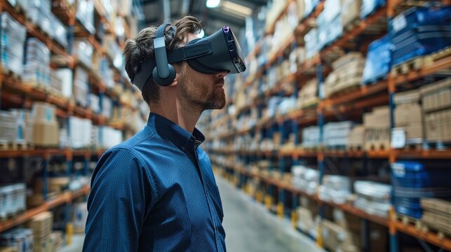 A logistics manager using a virtual reality headset to visualize and plan warehouse layouts. The advanced technology improves space utilization and workflow. - Powered by Adobe