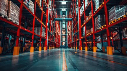 A warehouse equipped with high-tech shelving systems and automated storage and retrieval systems (AS/RS). The logistics technology maximizes space and efficiency.