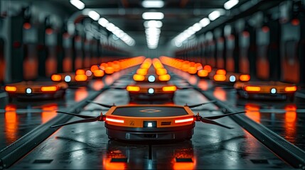 A drone fleet preparing for delivery operations at a logistics center. The technology enables rapid and cost-effective last-mile delivery solutions.