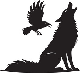 Obraz premium Howling Wolf Crow Moon Animal, vector black color silhouette