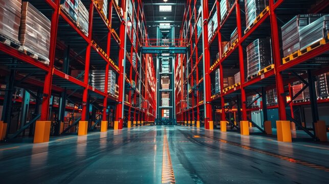 A warehouse equipped with high-tech shelving systems and automated storage and retrieval systems (AS/RS). The logistics technology maximizes space and efficiency.