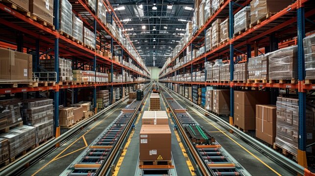 A warehouse equipped with high-tech shelving systems and automated storage and retrieval systems (AS/RS). The logistics technology maximizes space and efficiency.
