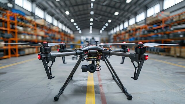 A drone fleet preparing for delivery operations at a logistics center. The technology enables rapid and cost-effective last-mile delivery solutions.