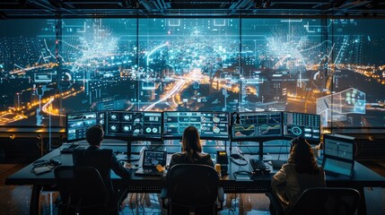 A logistics team collaborating in a control room, using digital tools to monitor and manage supply chain operations. The technology enhances coordination and efficiency.