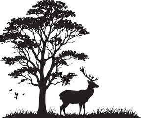 A deer is standing on grass, vector black color silhouette