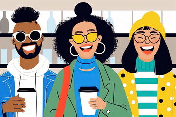 Three Diverse Friends Enjoying Coffee Together in a Cafe. Generative AI