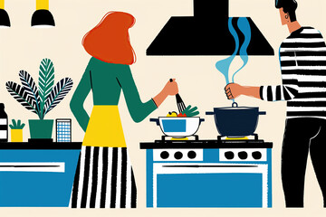 Unrecognizable couple Cooking Dinner Together In a Modern Kitchen. Generative AI