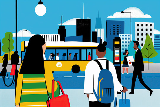 City Bus Stop Illustration With Diverse Passengers on a Sunny Day. Generative AI