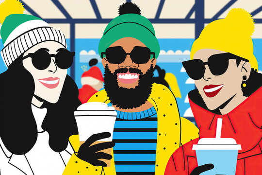 Wintertime multiethnic Friends Enjoying Coffee and Drinks in a Cozy City Setting. Generative AI