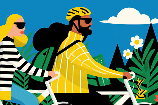 Couple Riding Bikes Through Lush Green Landscape. Generative AI
