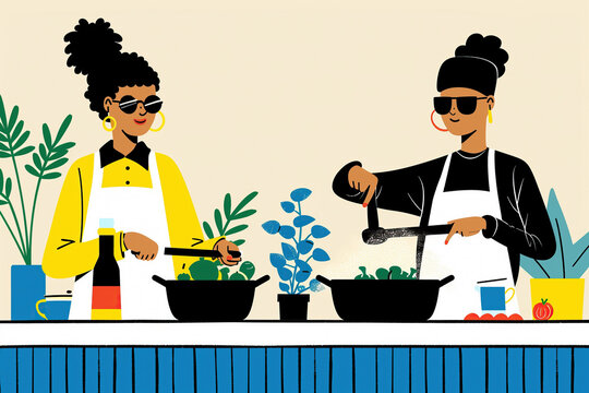 Two blackWomen Cooking Together in a Kitchen With Plants. Generative AI