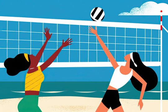Two Women Playing Volleyball on a Beach Under a Sunny Sky. Generative AI