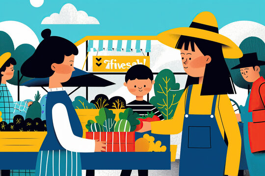 Smiling Woman Buying Fresh Vegetables at a Busy Outdoor Market Stall. Generative AI