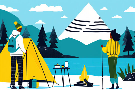 Couple Camping by a Lake With Mountain View. Generative AI