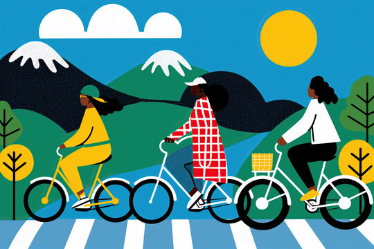 Three black Women Biking on a Sunny Day in a Mountainous Landscape. Generative AI
