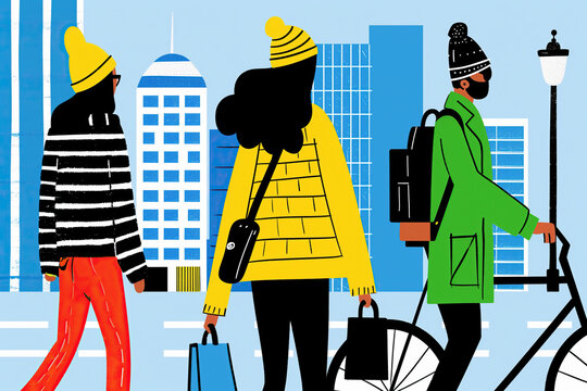 Three People Walking and Biking in a City Street. Generative AI