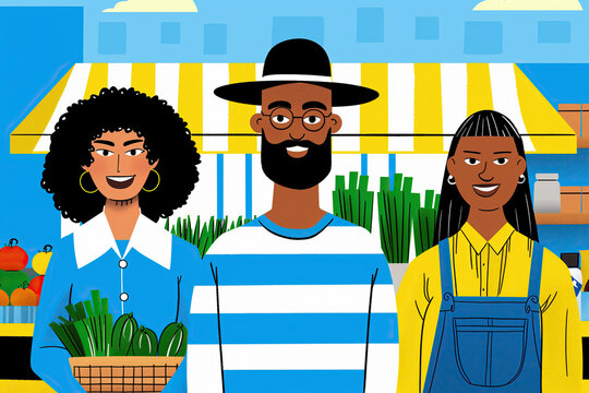 Smiling black Friends Shopping for Fresh Produce at a Local Market. Generative AI