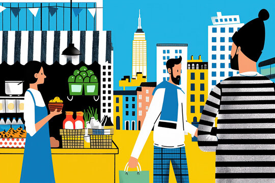 Urban Street Market With a City Skyline in the Background. Generative AI