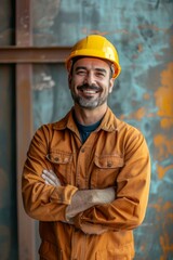 Portrait of a smiling construction worker in a yellow hard hat and orange overalls