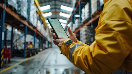 A logistics specialist using a smartphone app to manage and track shipments. The technology provides real-time visibility and control over the supply chain.