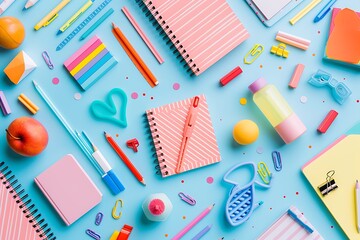 Colorful school supplies flat lay, light background, playful design style, geometric shapes, creativity in learning.