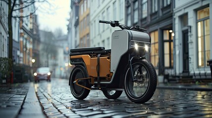 An electric cargo bike being used for urban deliveries, showcasing a sustainable logistics solution. The technology reduces emissions and traffic congestion.