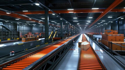 Obraz premium A high-tech sorting facility with automated systems routing packages. The logistics technology ensures timely and accurate deliveries.